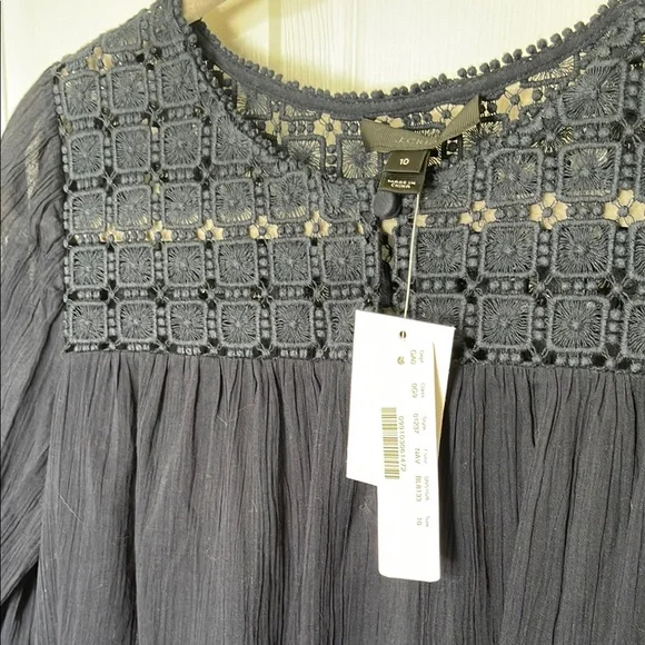 J. Crew Sheer Navy Blue Summer Long Sleeve Lace Blouse - Picture 2 of 7